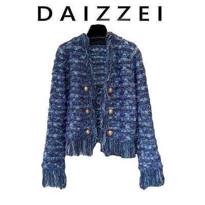 DAIZZEI~重工羊毛小香风短外套女秋冬新款手工编织流苏开衫上衣